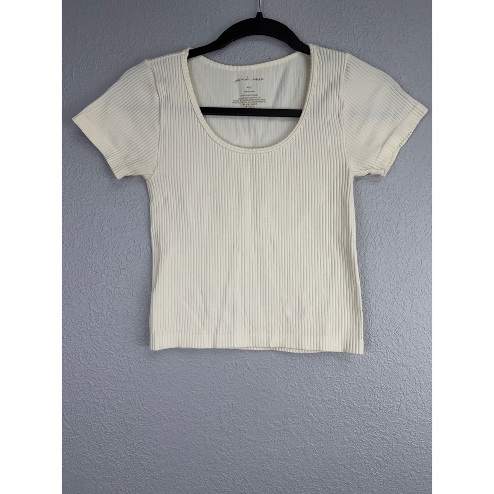 Pink Rose XS/S Ribbed Short Sleeve Scoop Neck Top Cream Off-White P54T01776